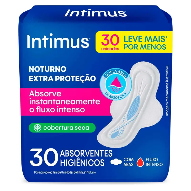 Absorvente Intimus Noturno Com Abas Cobertura Seca 30 Unidades