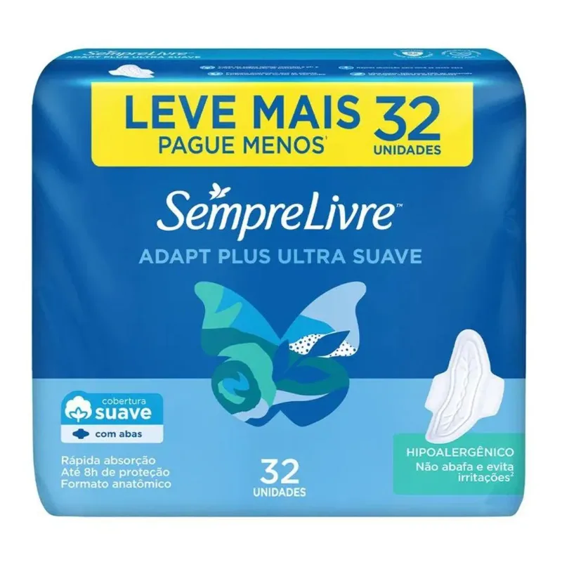 Absorvente Sempre Livre Adapt Plus Cobertura Suave Com Abas 32 Unidades