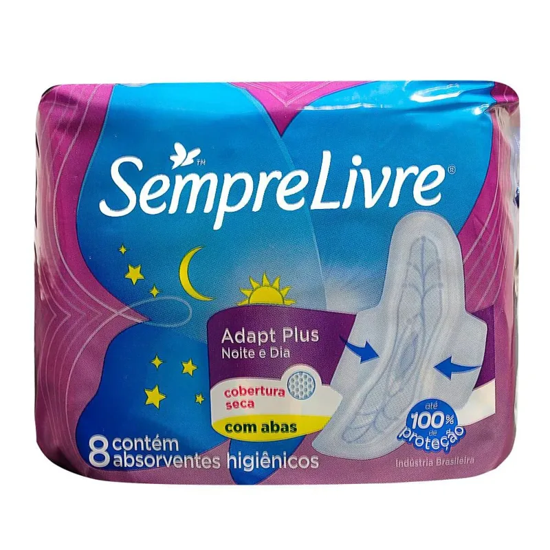 Absorvente Sempre Livre Adapt Plus Noite E Dia Com Abas Cobertura Seca 8 Unidades