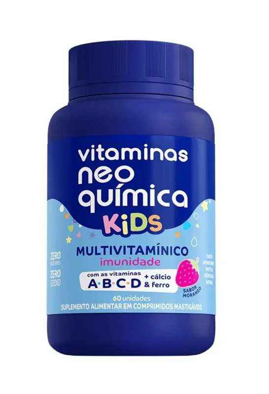 Vit Neo Quimica Mvm Kids 60 Cps Mast Sab Morango (Vit A+B+C+Calcio+Ferro)